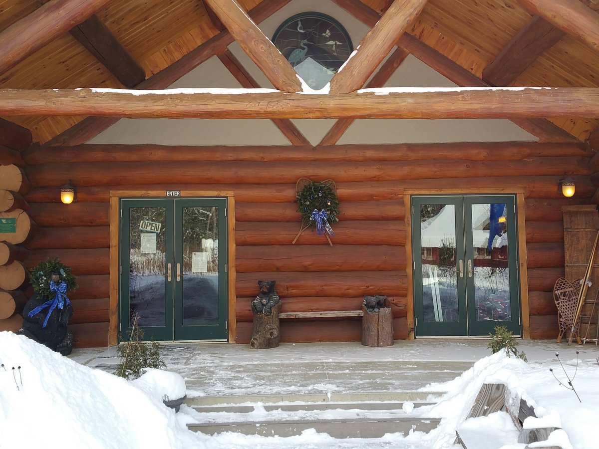 Snow piled up in front of the entrance to a nature center