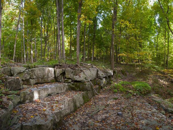 A small formation of rocks in a wooded area