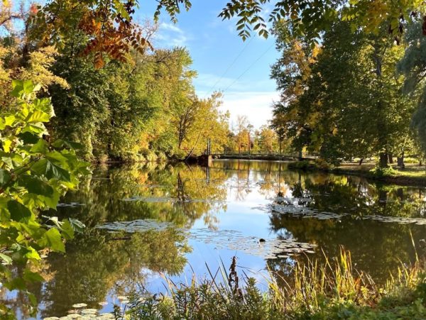 A view of a footbridge and inlet in fall