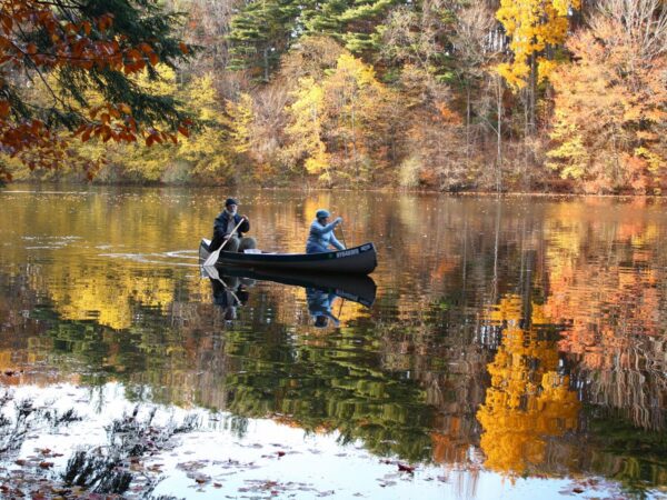 Two people canoeing on a lake in fall