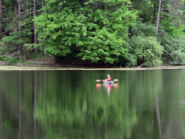 A person fishing in a lake from a kayak