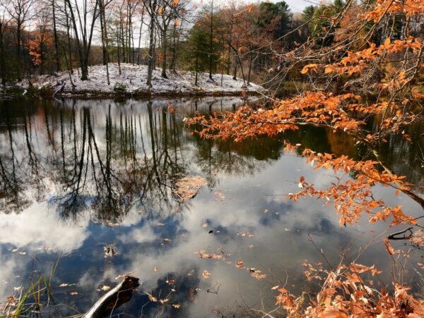 Reflections of the sky on a lake in fall with a dusting of snow on the ground