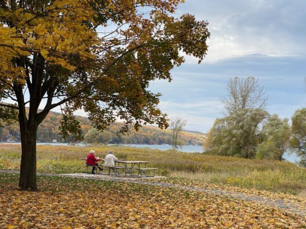 Two people sitting at a picnic table with a view of Cayuga Lake