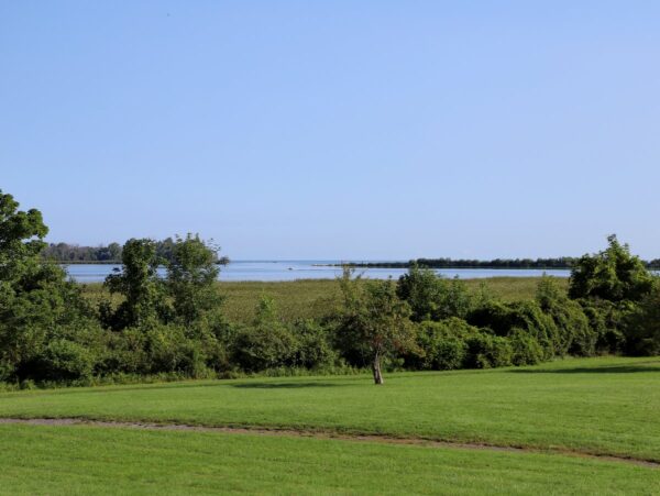 A grassy field leading to a trail with a bay in the background