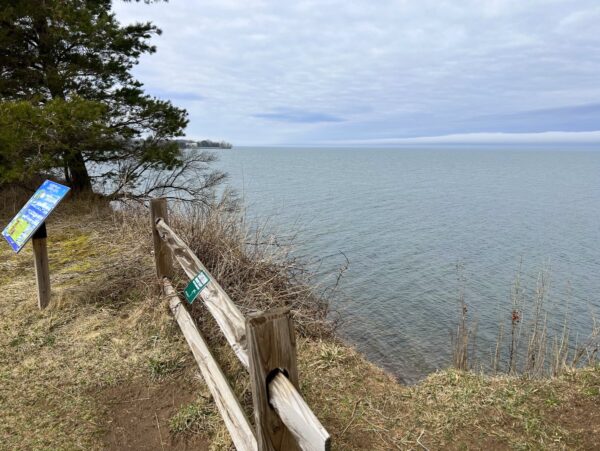 A bluff and wooden fence overlooking a lake